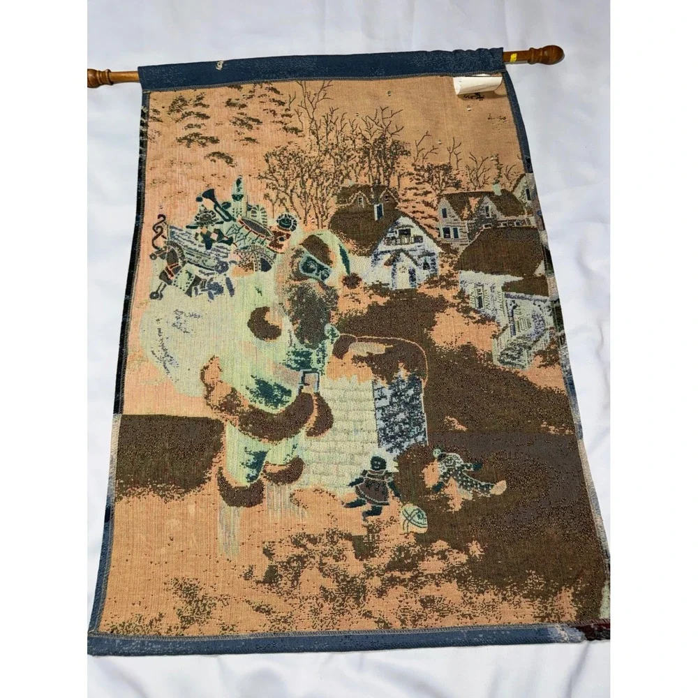 Vintage Christmas Santa Claus Woven Tapestry Wall Hanging with Rod 26x36